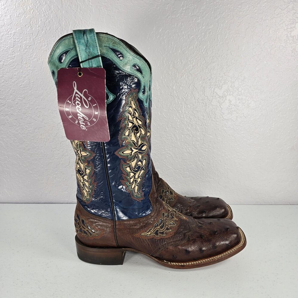 NWT Lucchese Amberlyn Boots Brown Sienna Navy Full Quill Ostrich Womens 10.5 B